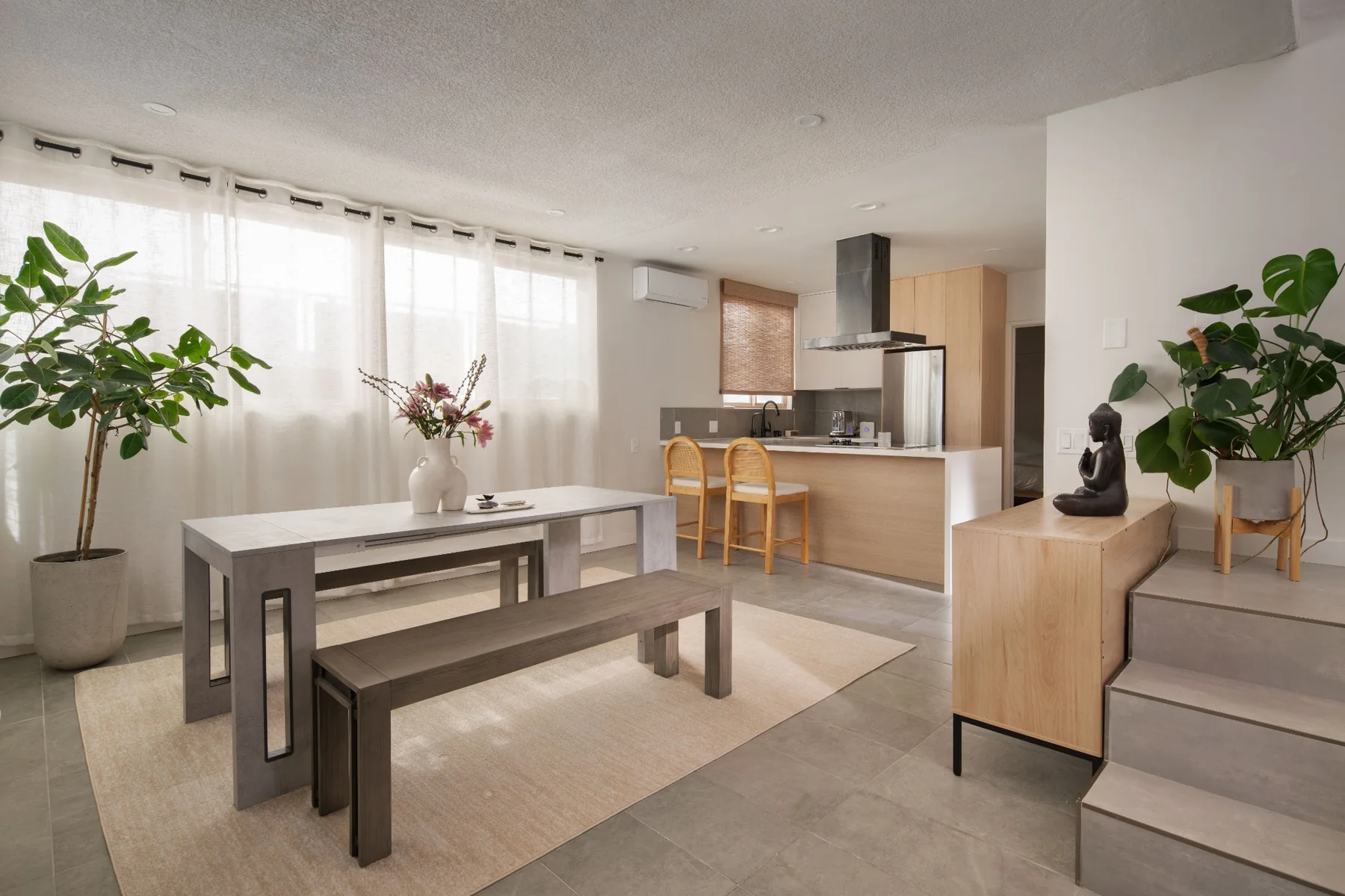 Bright dining area and modern kitchen